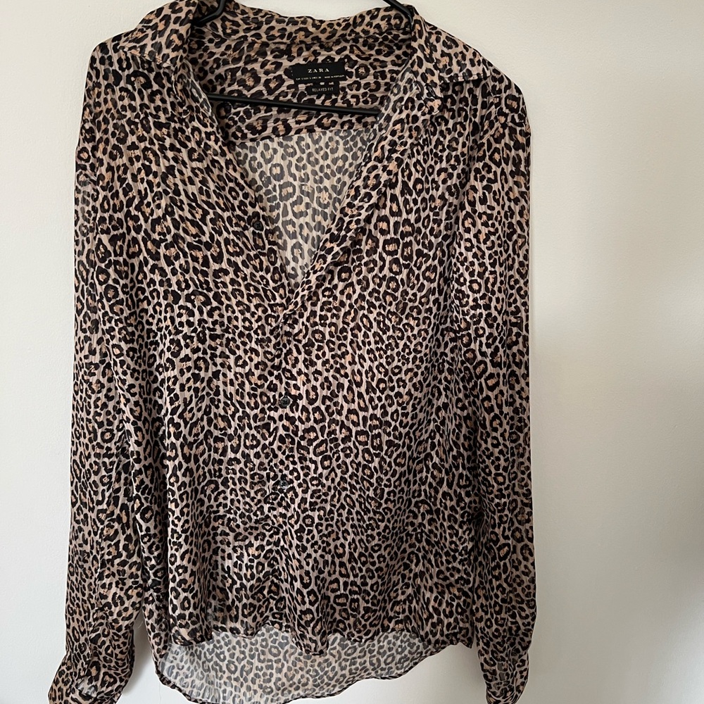 ZARA sheer leopard print button shirt